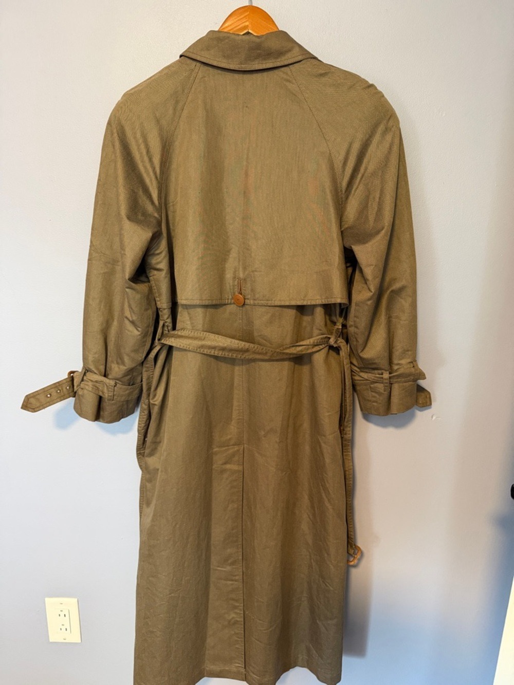 Etienne Aigner Vintage Olive Trench Coat Belted Leather Trim Wool Lined Sz 8 - Picture 9 of 16